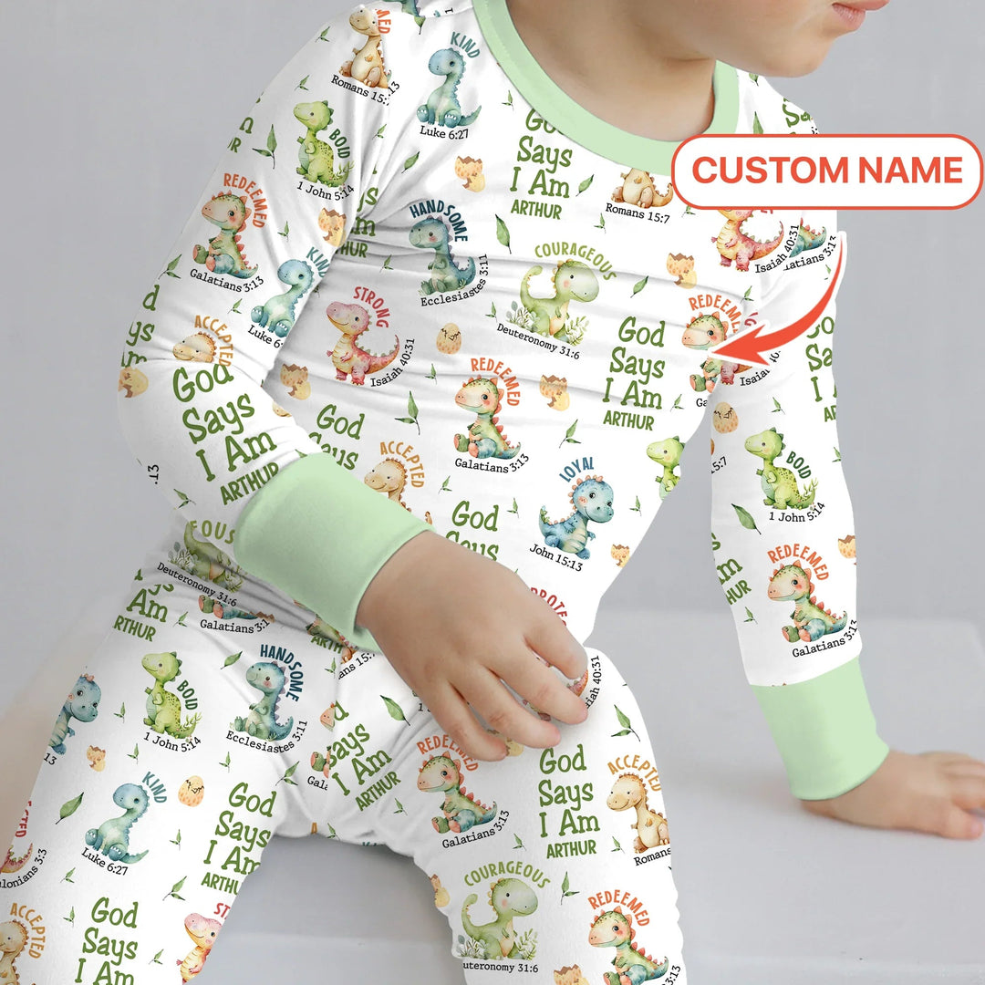 Personalized God Says I Am Dinosaur Two Piece Long Sleeve Pajama Set , Personalized God Says I Am Dinosaur Two Piece Long Sleeve Pajama Set - 12-18M