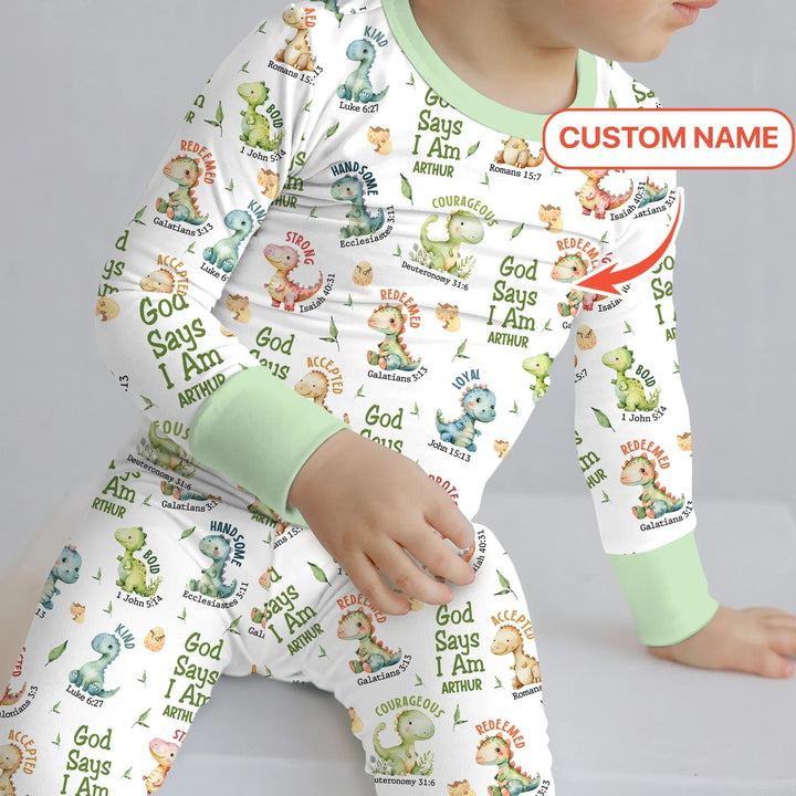 Personalized God Says I Am Dinosaur Two Piece Long Sleeve Pajama Set , Personalized God Says I Am Dinosaur Two Piece Long Sleeve Pajama Set - 12-18M