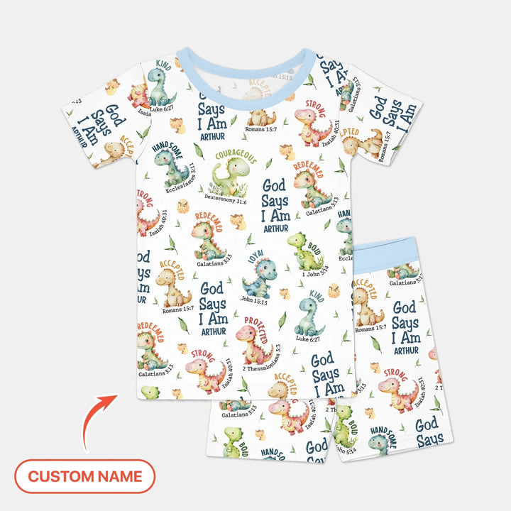 Personalized God Says I Am Dinosaur Two Piece Short Sleeve Shorts Pajama Set , Personalized God Says I Am Dinosaur Two Piece Short Sleeve Shorts Pajama Set - 12-18M