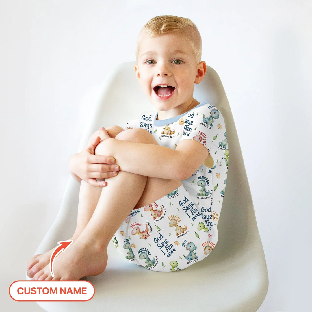 Personalized God Says I Am Dinosaur Two Piece Short Sleeve Shorts Pajama Set - Zumbamboo