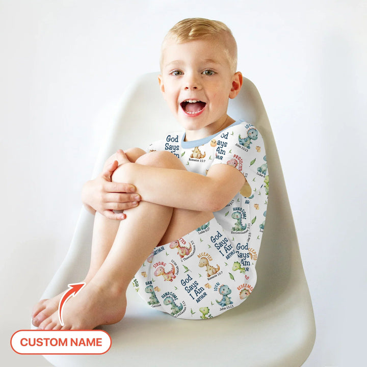 Personalized God Says I Am Dinosaur Two Piece Short Sleeve Shorts Pajama Set , Personalized God Says I Am Dinosaur Two Piece Short Sleeve Shorts Pajama Set - 12-18M