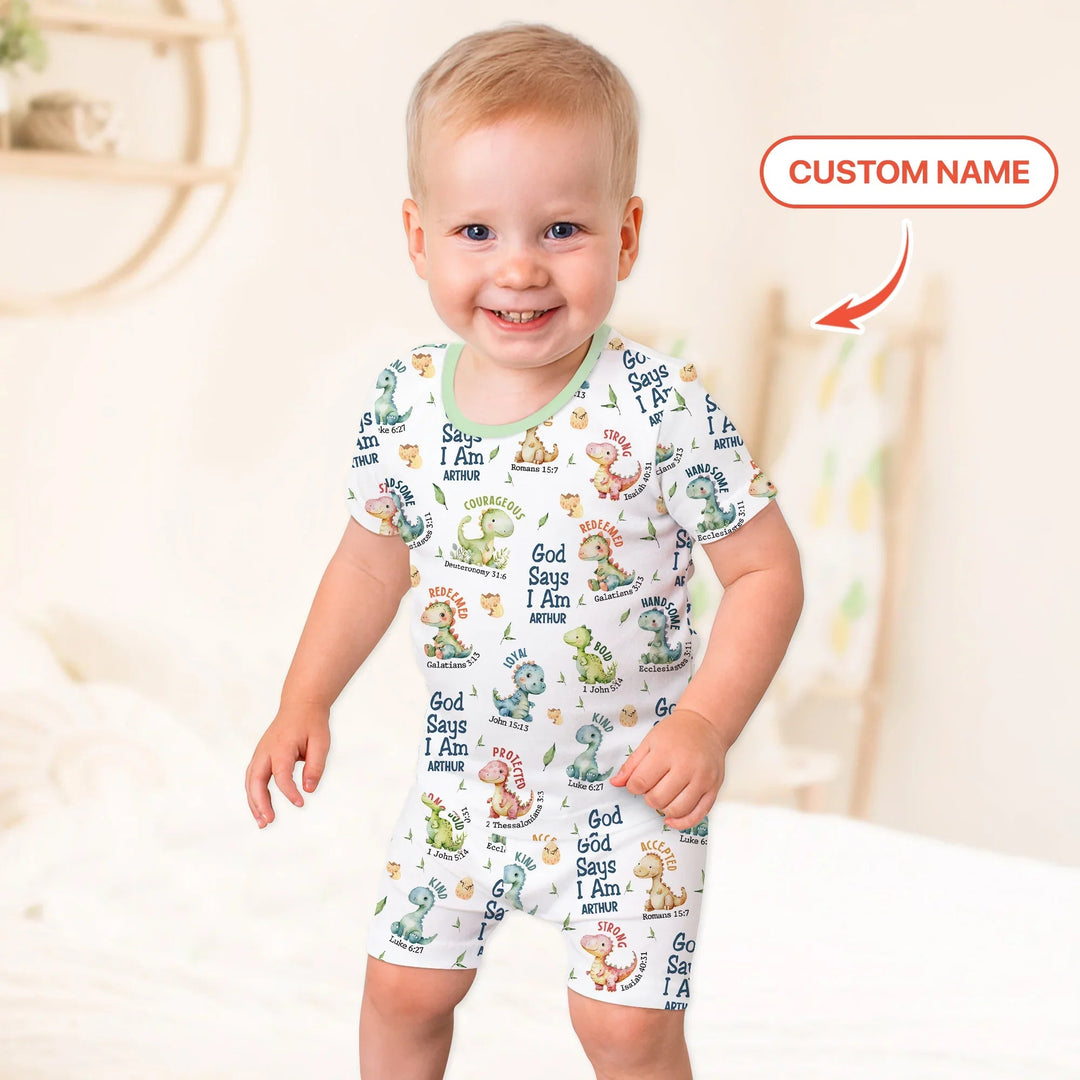 Personalized God Says I Am Dinosaur Two Piece Short Sleeve Shorts Pajama Set , Personalized God Says I Am Dinosaur Two Piece Short Sleeve Shorts Pajama Set - 12-18M