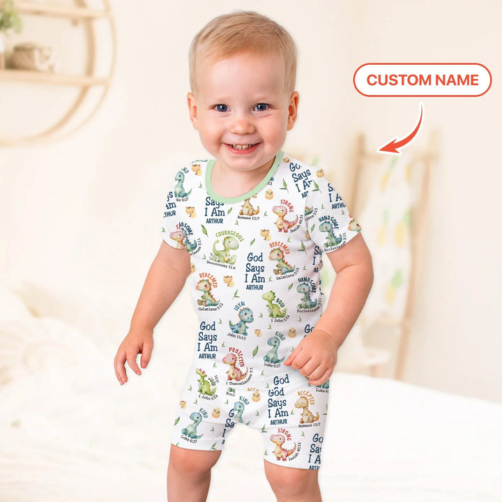Personalized God Says I Am Dinosaur Two Piece Short Sleeve Shorts Pajama Set , Personalized God Says I Am Dinosaur Two Piece Short Sleeve Shorts Pajama Set - 12-18M