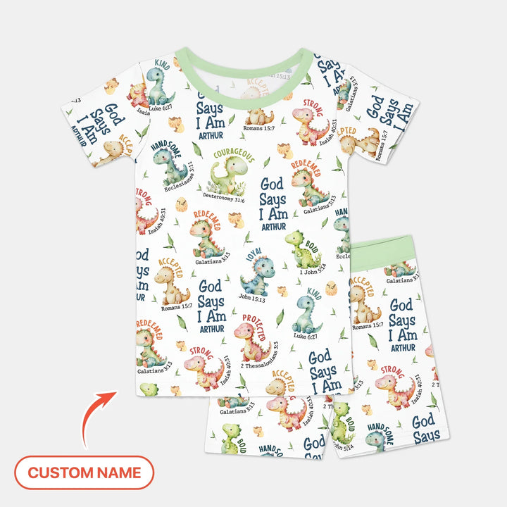 Personalized God Says I Am Dinosaur Two Piece Short Sleeve Shorts Pajama Set , Personalized God Says I Am Dinosaur Two Piece Short Sleeve Shorts Pajama Set - 12-18M