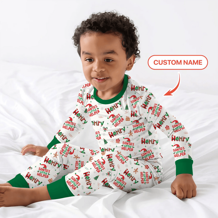 Personalized Santa's Little Helper Two Piece Long Sleeve Pajama Set - Zumbamboo
