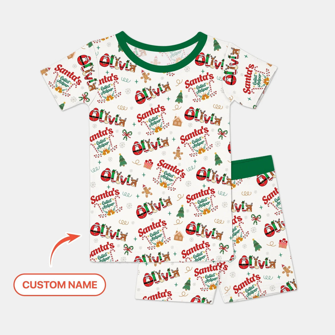 Personalized Santa's Little Helper Two Piece Short Sleeve Shorts Pajama Set - Zumbamboo