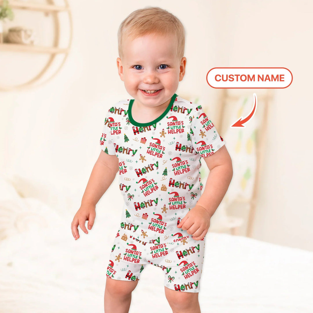 Personalized Santa's Little Helper Two Piece Short Sleeve Shorts Pajama Set - Zumbamboo