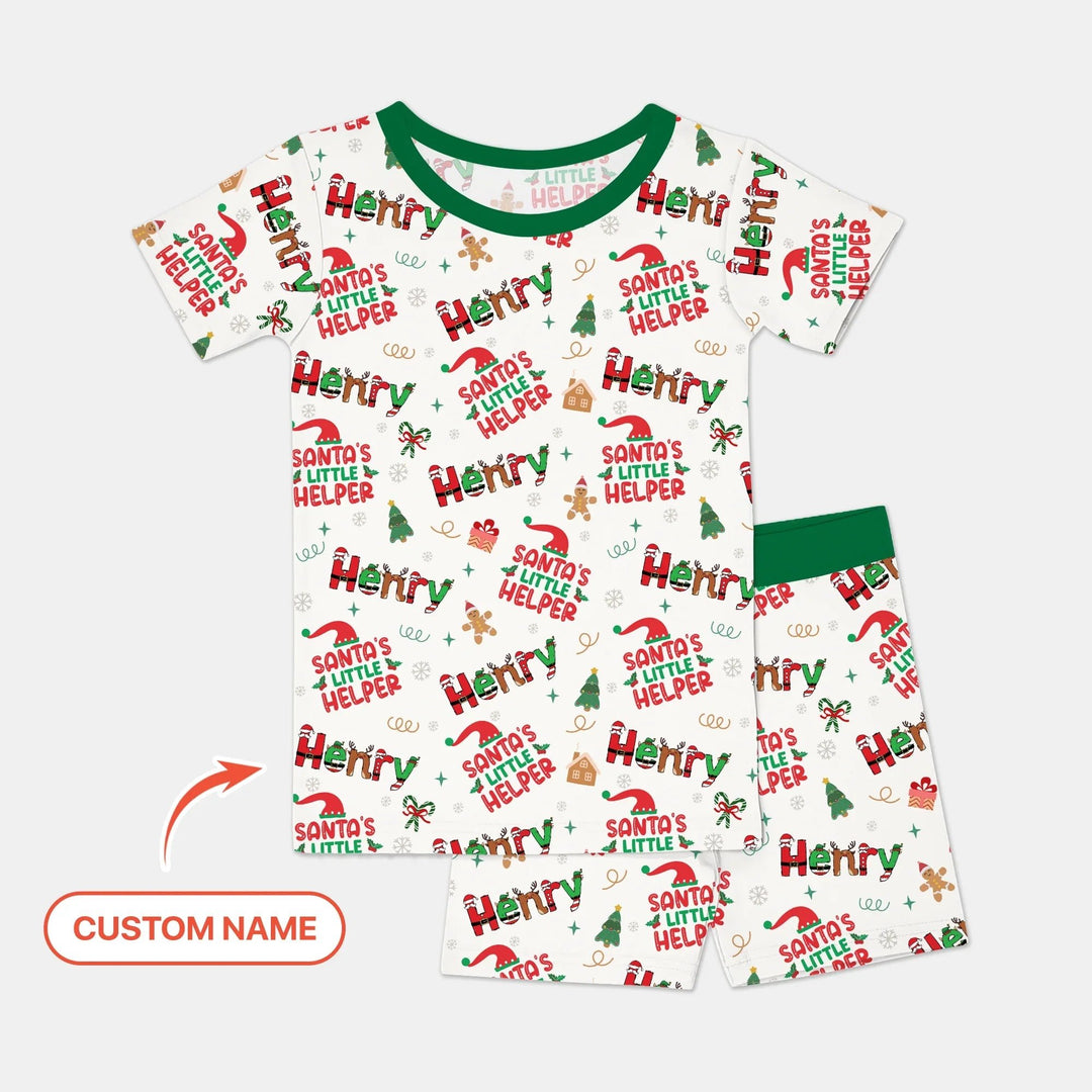 Personalized Santa's Little Helper Two Piece Short Sleeve Shorts Pajama Set - Zumbamboo
