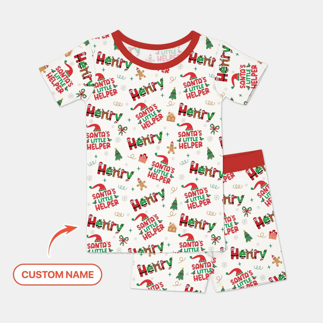 Personalized Santa's Little Helper Two Piece Short Sleeve Shorts Pajama Set - Zumbamboo