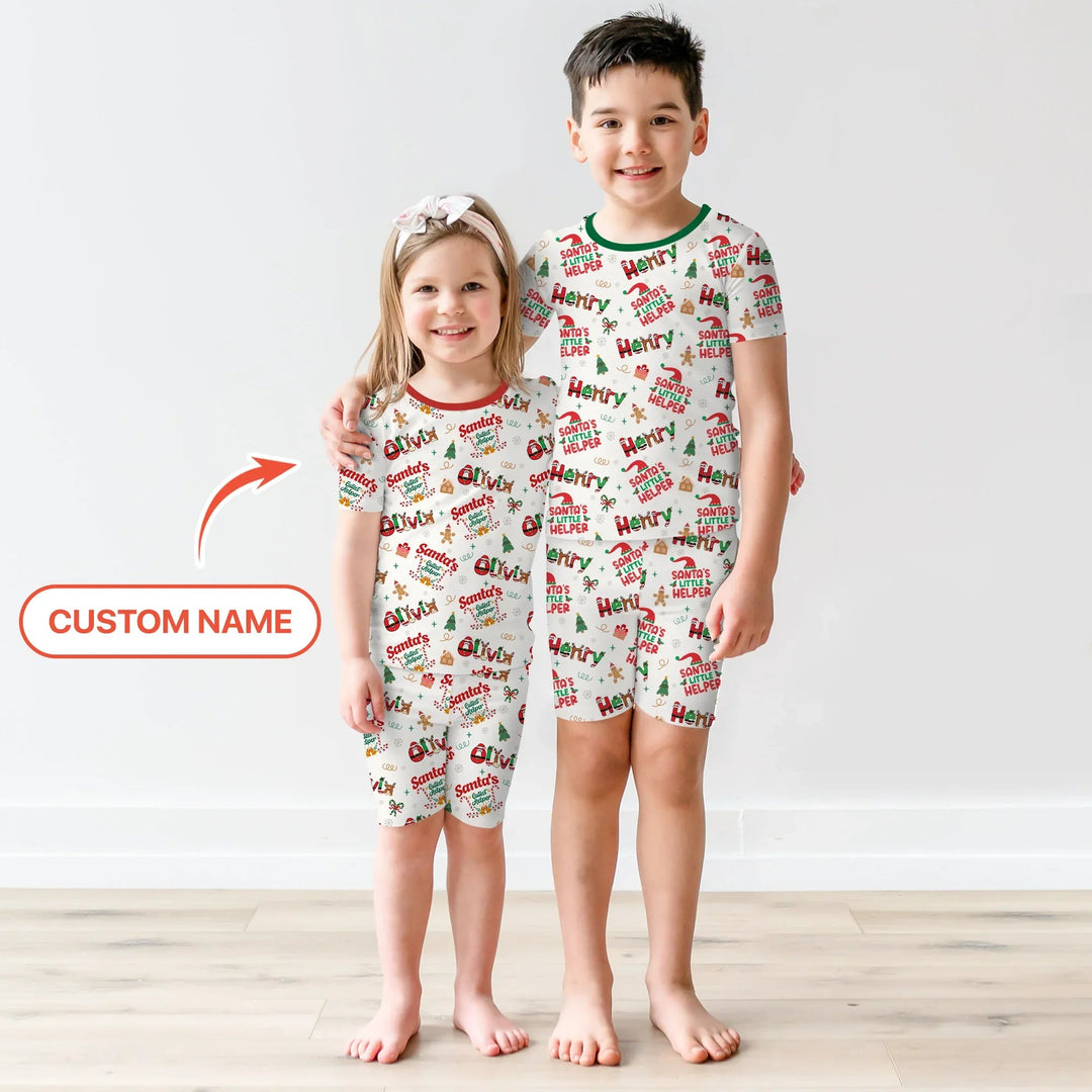 Personalized Santa's Little Helper Two Piece Short Sleeve Shorts Pajama Set - Zumbamboo