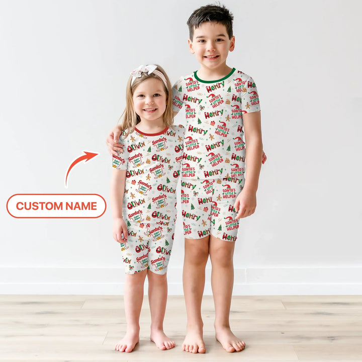 Personalized Santa's Little Helper Two Piece Short Sleeve Shorts Pajama Set - Zumbamboo