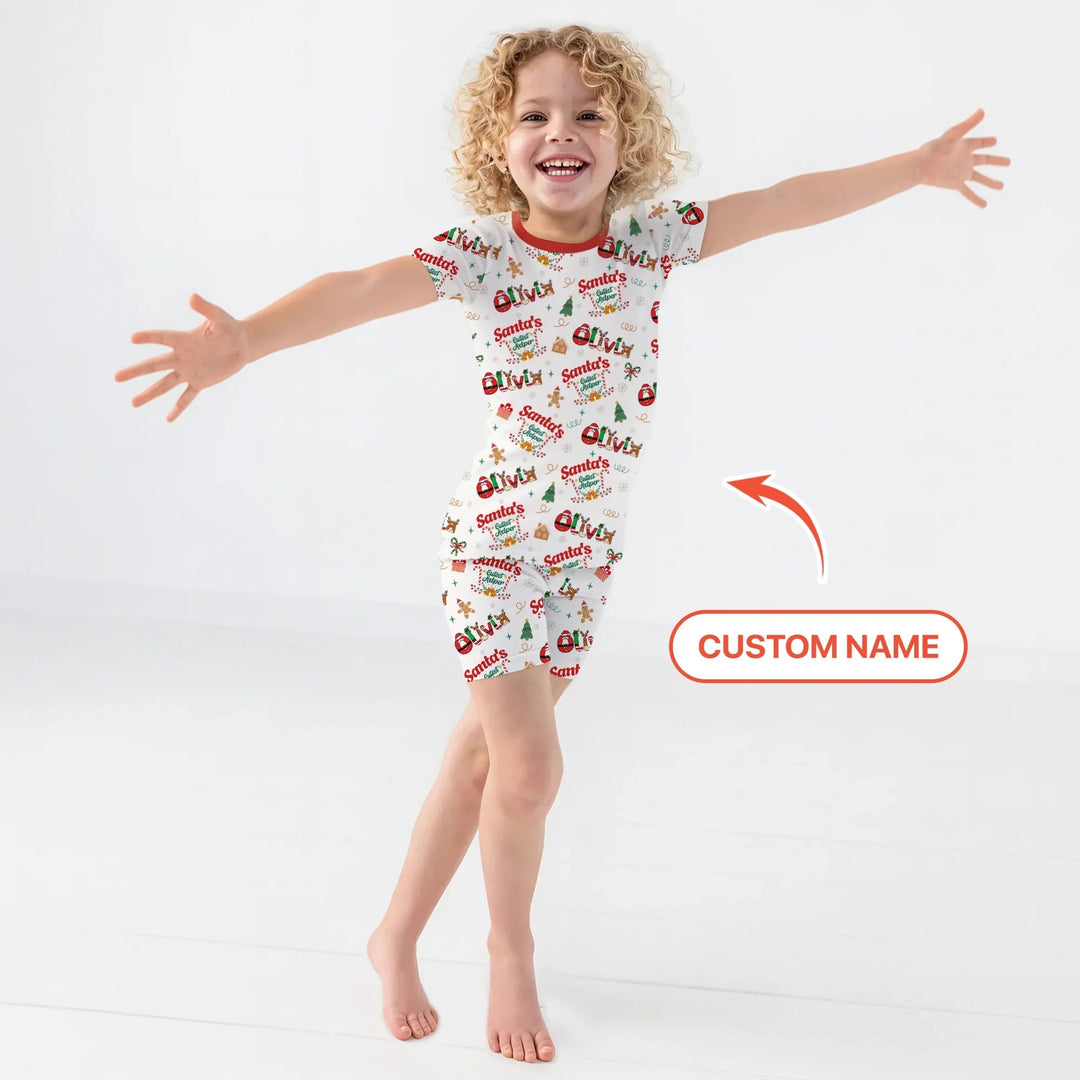 Personalized Santa's Little Helper Two Piece Short Sleeve Shorts Pajama Set - Zumbamboo