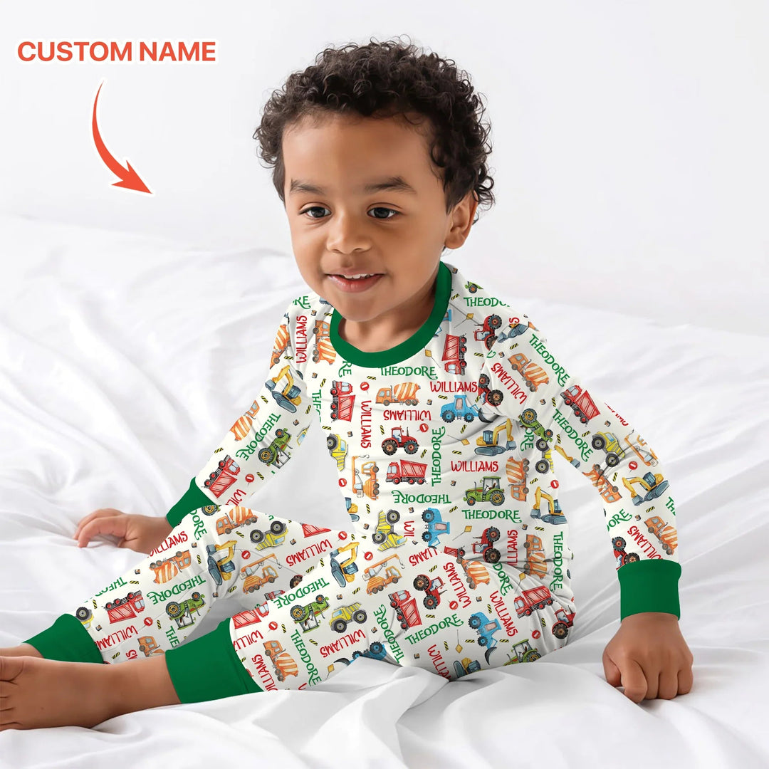 Personalized Tiny Trucks Parade Two Piece Long Sleeve Pajama Set - Zumbamboo