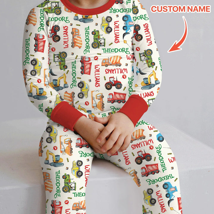 Personalized Tiny Trucks Parade Two Piece Long Sleeve Pajama Set , Personalized Tiny Trucks Parade Two Piece Long Sleeve Pajama Set - 12-18M