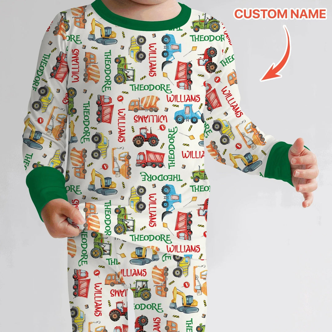 Personalized Tiny Trucks Parade Two Piece Long Sleeve Pajama Set , Personalized Tiny Trucks Parade Two Piece Long Sleeve Pajama Set - 12-18M