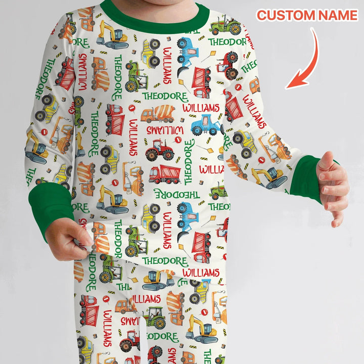 Personalized Tiny Trucks Parade Two Piece Long Sleeve Pajama Set , Personalized Tiny Trucks Parade Two Piece Long Sleeve Pajama Set - 12-18M