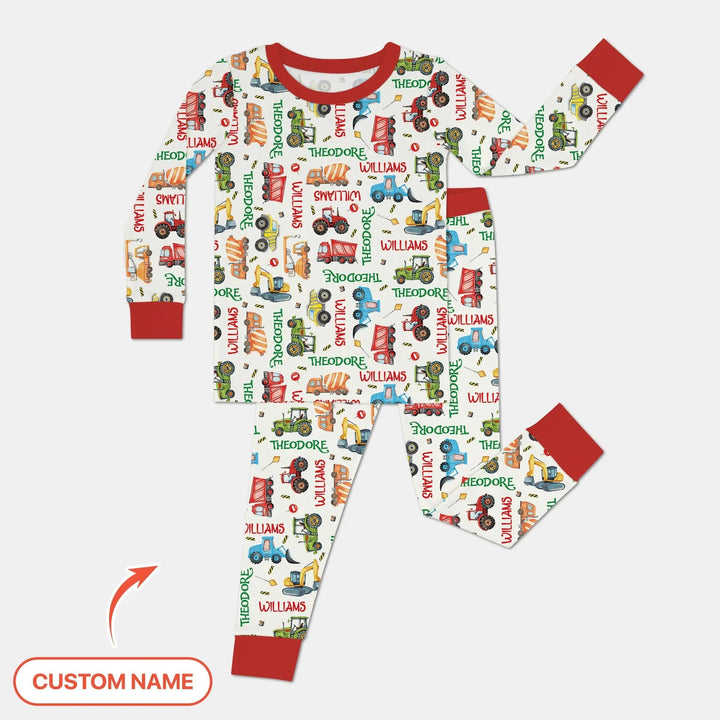 Personalized Tiny Trucks Parade Two Piece Long Sleeve Pajama Set , Personalized Tiny Trucks Parade Two Piece Long Sleeve Pajama Set - 12-18M