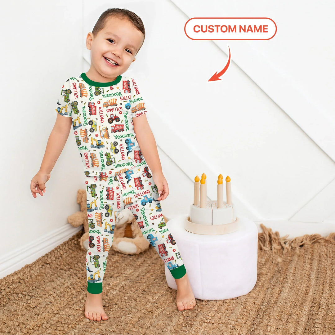 Personalized Tiny Trucks Parade Two Piece Short Sleeve Pajama Set - Zumbamboo