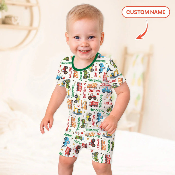 Personalized Tiny Trucks Parade Two Piece Short Sleeve Pajama Set - Zumbamboo