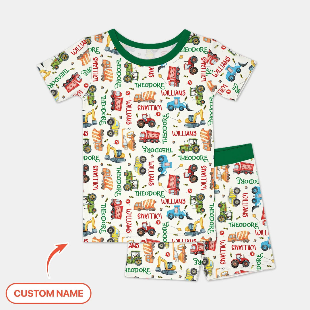 Personalized Tiny Trucks Parade Two Piece Short Sleeve Pajama Set - Zumbamboo