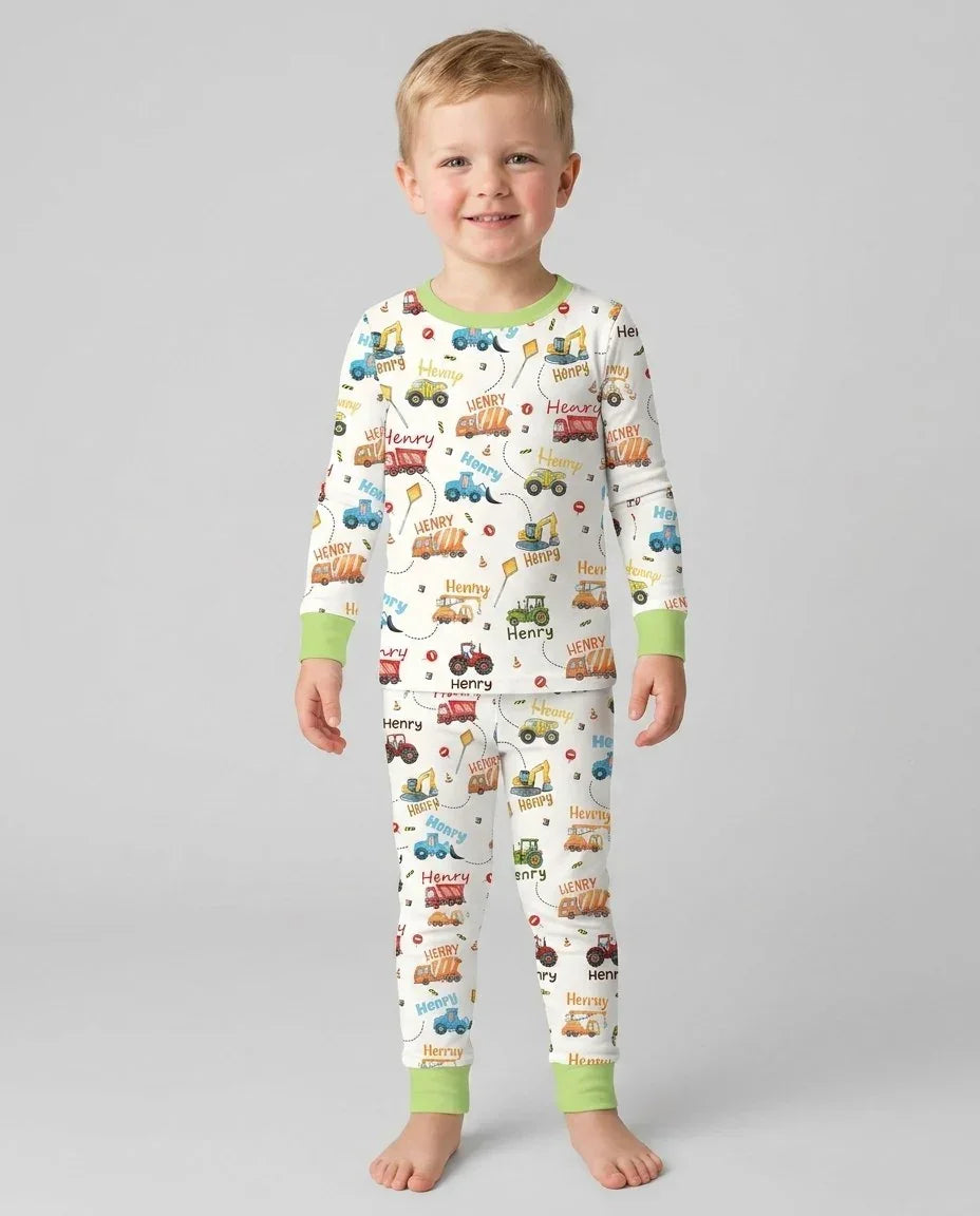 Custom Name Construction Vehicles Bamboo Two Piece Long Sleeve Pajama Set