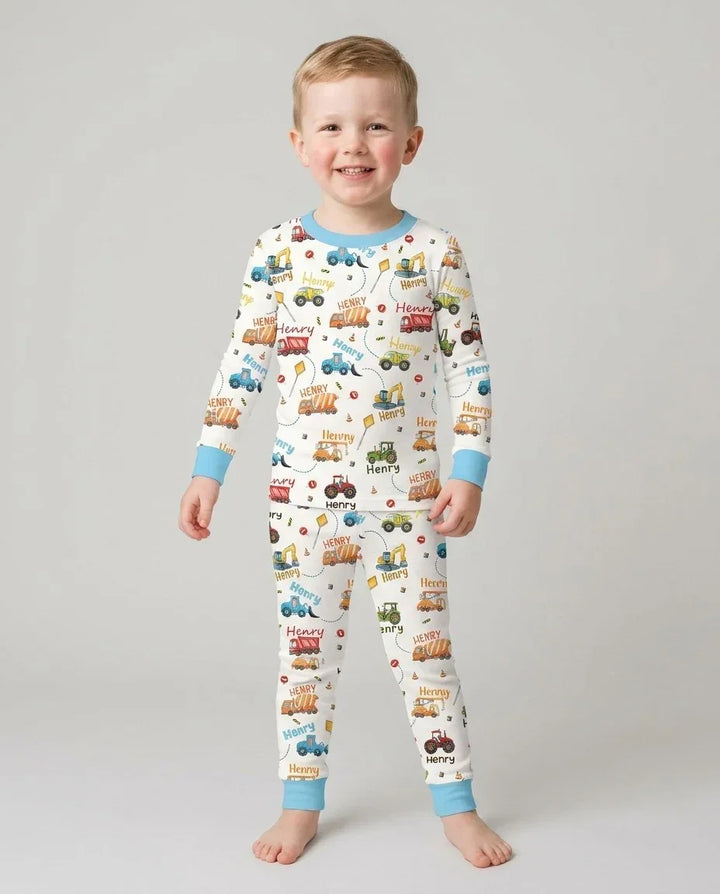Construction Vehicles Custom Name Bamboo Two Piece Long Sleeve Pajama Set