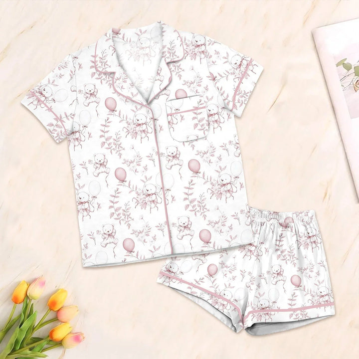 Pink Bear Toile de jouy Button Down Two Piece Short Sleeve Shorts Pajama Set , Pink Bear Toile de jouy Button Down Two Piece Short Sleeve Shorts Pajama Set - 3XS