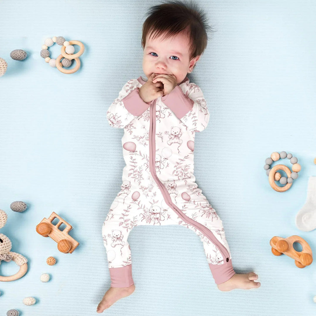 Pink Bear Toile de jouy Convertible Zippered Romper - Zumbamboo