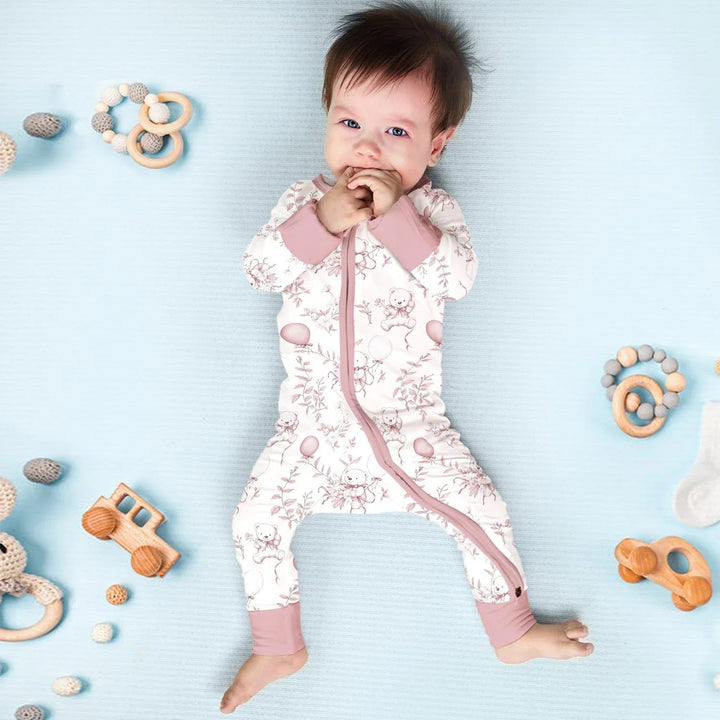 Pink Bear Toile de jouy Convertible Zippered Romper - Zumbamboo