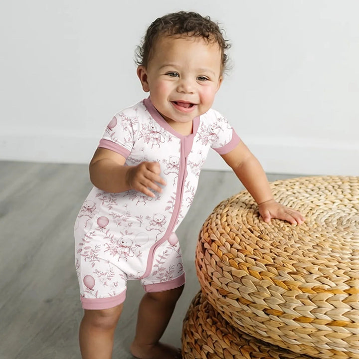 Pink Bear Toile de jouy Shorty Zippered Romper , Pink Bear Toile de jouy Shorty Zippered Romper - Newborn