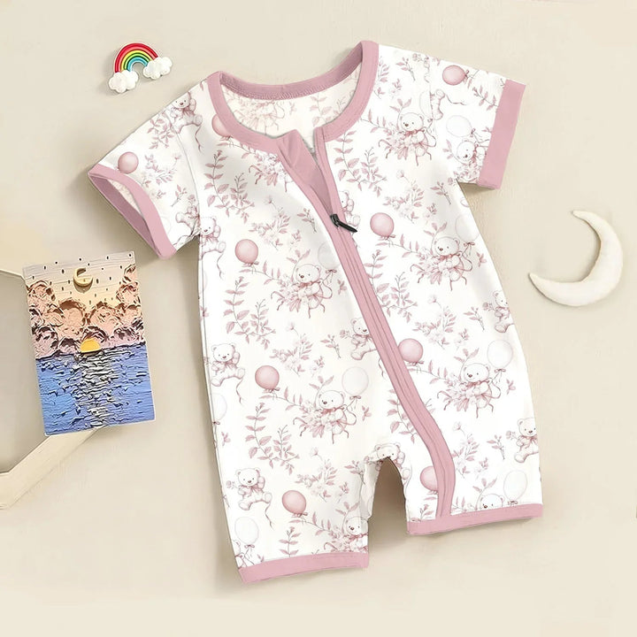 Pink Bear Toile de jouy Shorty Zippered Romper , Pink Bear Toile de jouy Shorty Zippered Romper - Newborn