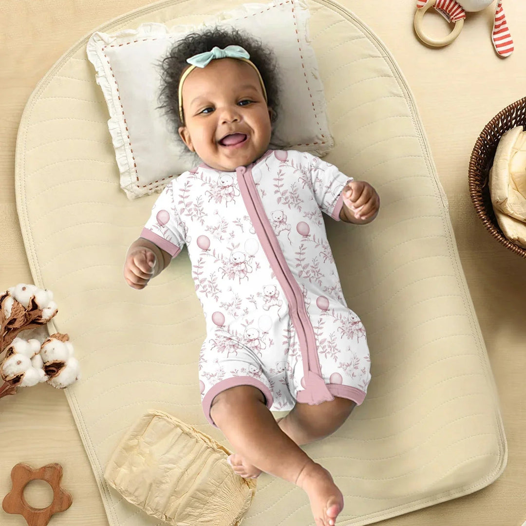 Pink Bear Toile de jouy Shorty Zippered Romper , Pink Bear Toile de jouy Shorty Zippered Romper - Newborn
