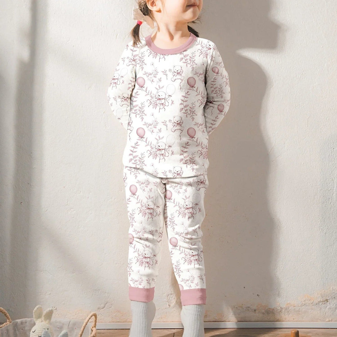 Pink Bear Toile de jouy Two Piece Long Sleeve Pajama Set - Zumbamboo