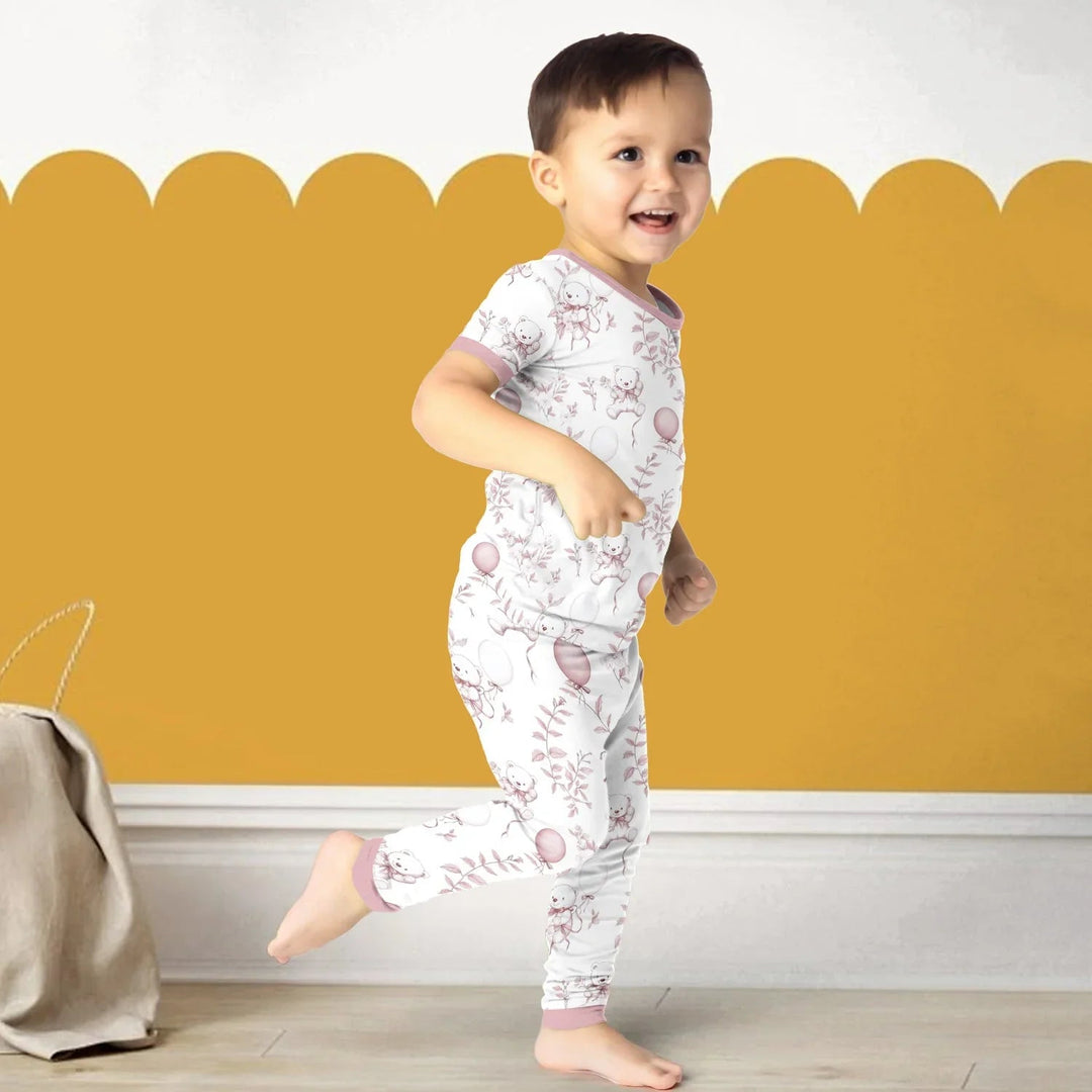 Pink Bear Toile de jouy Two Piece Short Sleeve Pajama Set - Zumbamboo