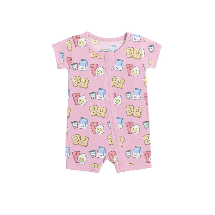 Pink Breakfast Buddies Shorty Zippered Romper , Pink Breakfast Buddies Shorty Zippered Romper - 0-3M