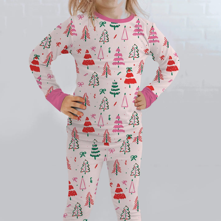 Pink Christmas Tree Farm Two Piece Long Sleeve Pajama Set - Zumbamboo