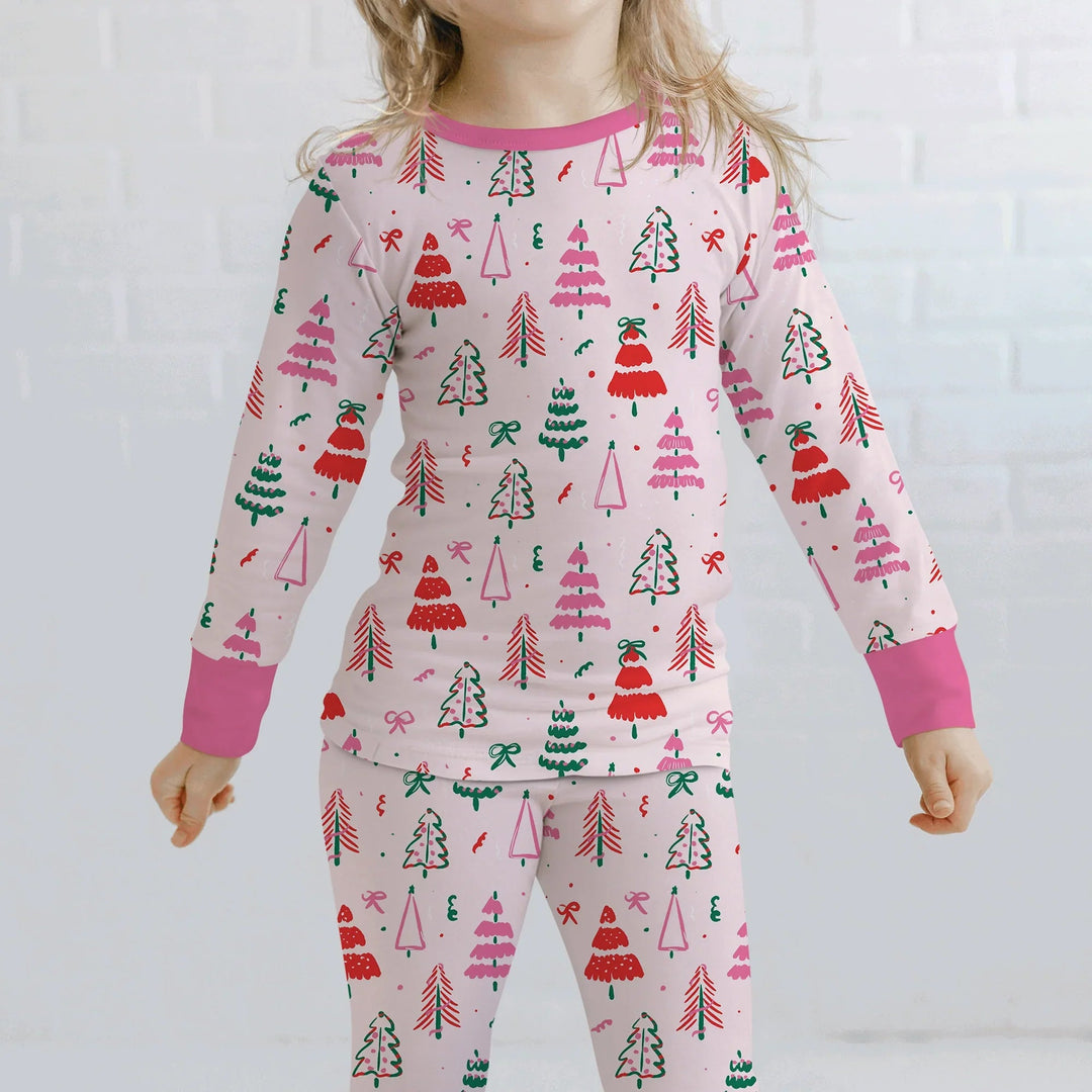 Pink Christmas Tree Farm Two Piece Long Sleeve Pajama Set - Zumbamboo