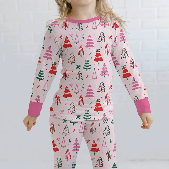 Pink Christmas Tree Farm Two Piece Long Sleeve Pajama Set - Zumbamboo