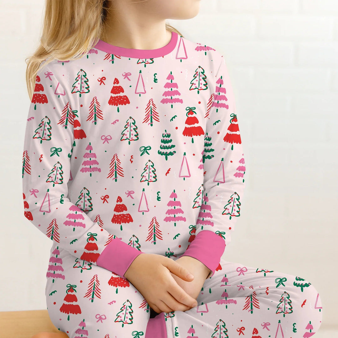 Pink Christmas Tree Farm Two Piece Long Sleeve Pajama Set - Zumbamboo