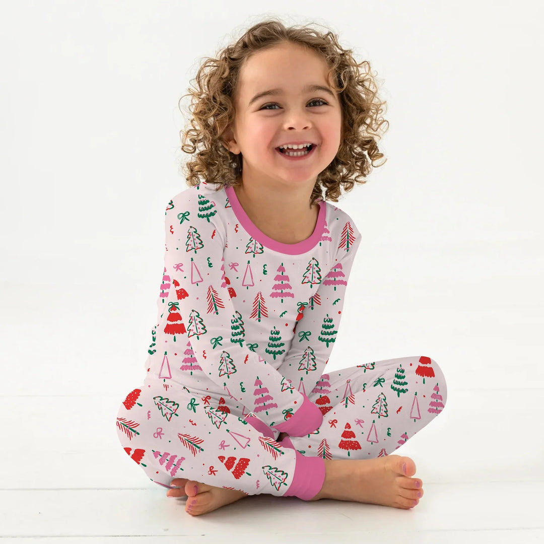 Pink Christmas Tree Farm Two Piece Long Sleeve Pajama Set - Zumbamboo
