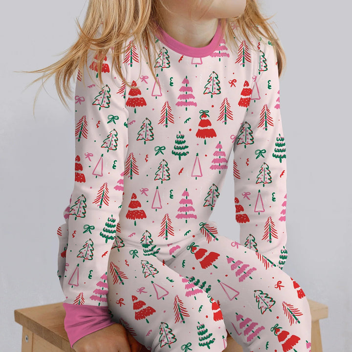 Pink Christmas Tree Farm Two Piece Long Sleeve Pajama Set - Zumbamboo