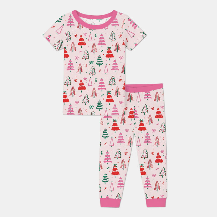 Pink Christmas Tree Farm Two Piece Short Sleeve Pajama Set - Zumbamboo
