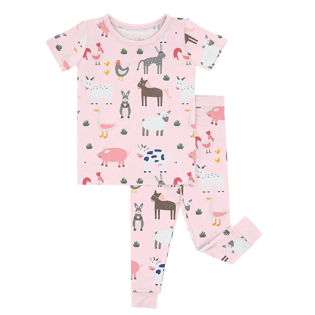 Pink Farm Animals Two Piece Short Sleeve Pajama Set - Zumbamboo