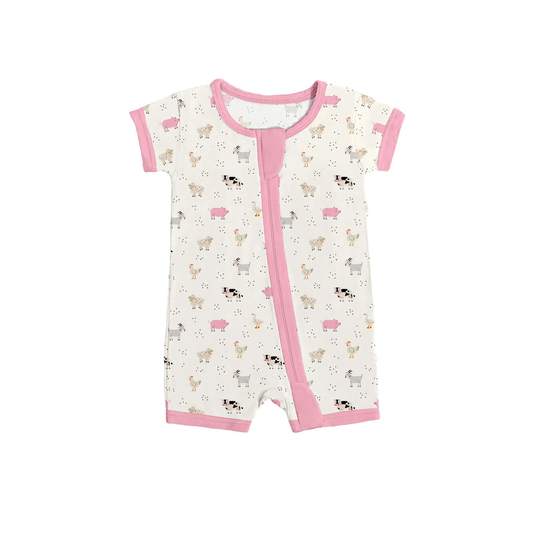 Pink Sleepy Farm Animals Shorty Zippered Romper - Zumbamboo