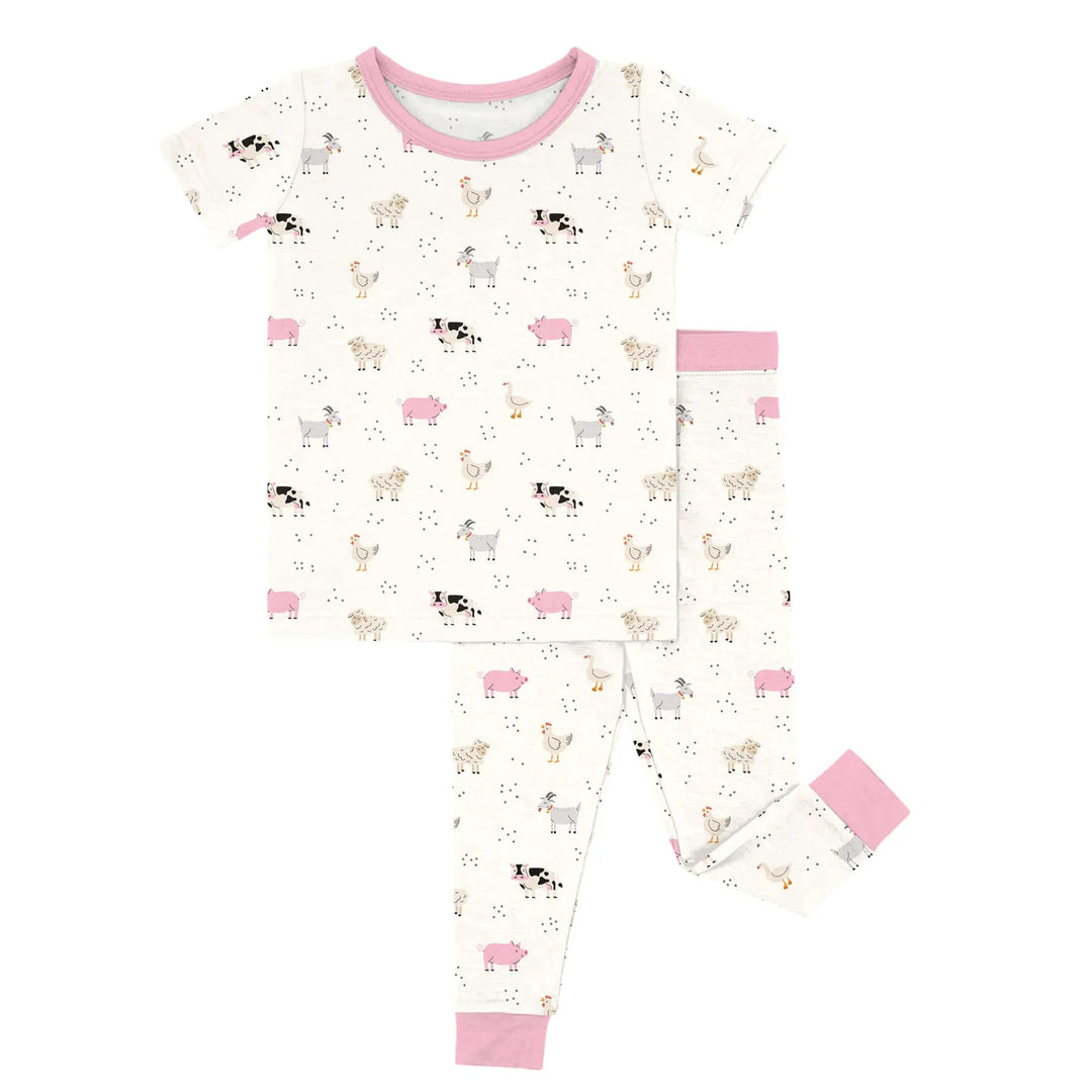 Pink Sleepy Farm Animals Two Piece Short Sleeve Pajama Set - Zumbamboo