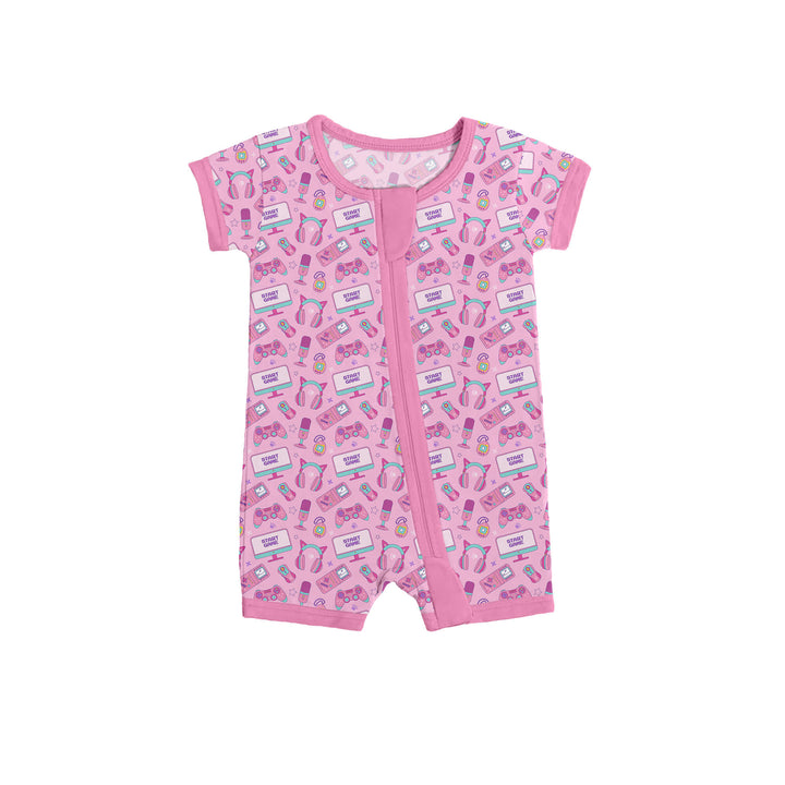 Pink 90s Games Shorty Zippered Romper