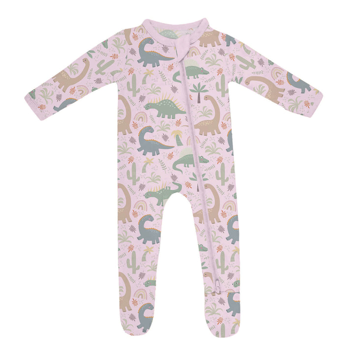 Pink Jurassic Jungle Zippered Footie Romper