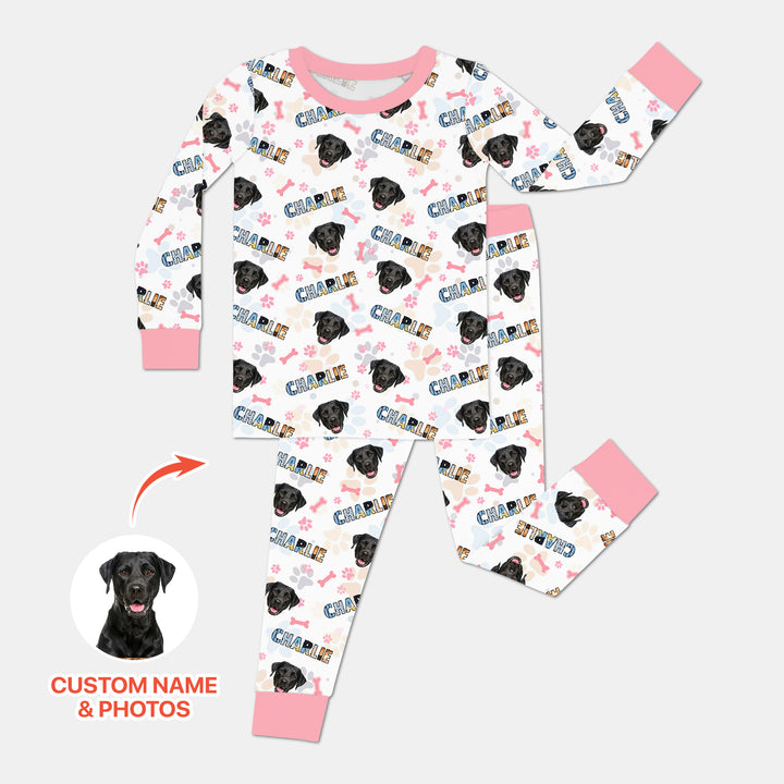 Custom Name Doodle Letters Blue Dog Two Piece Long Sleeve Pajama Set