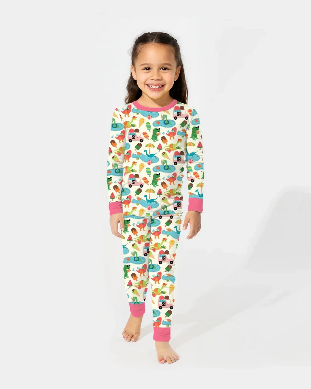 Conjunto de Pijama de Dos Piezas de Bambú de Manga Larga Dino Summer Splash