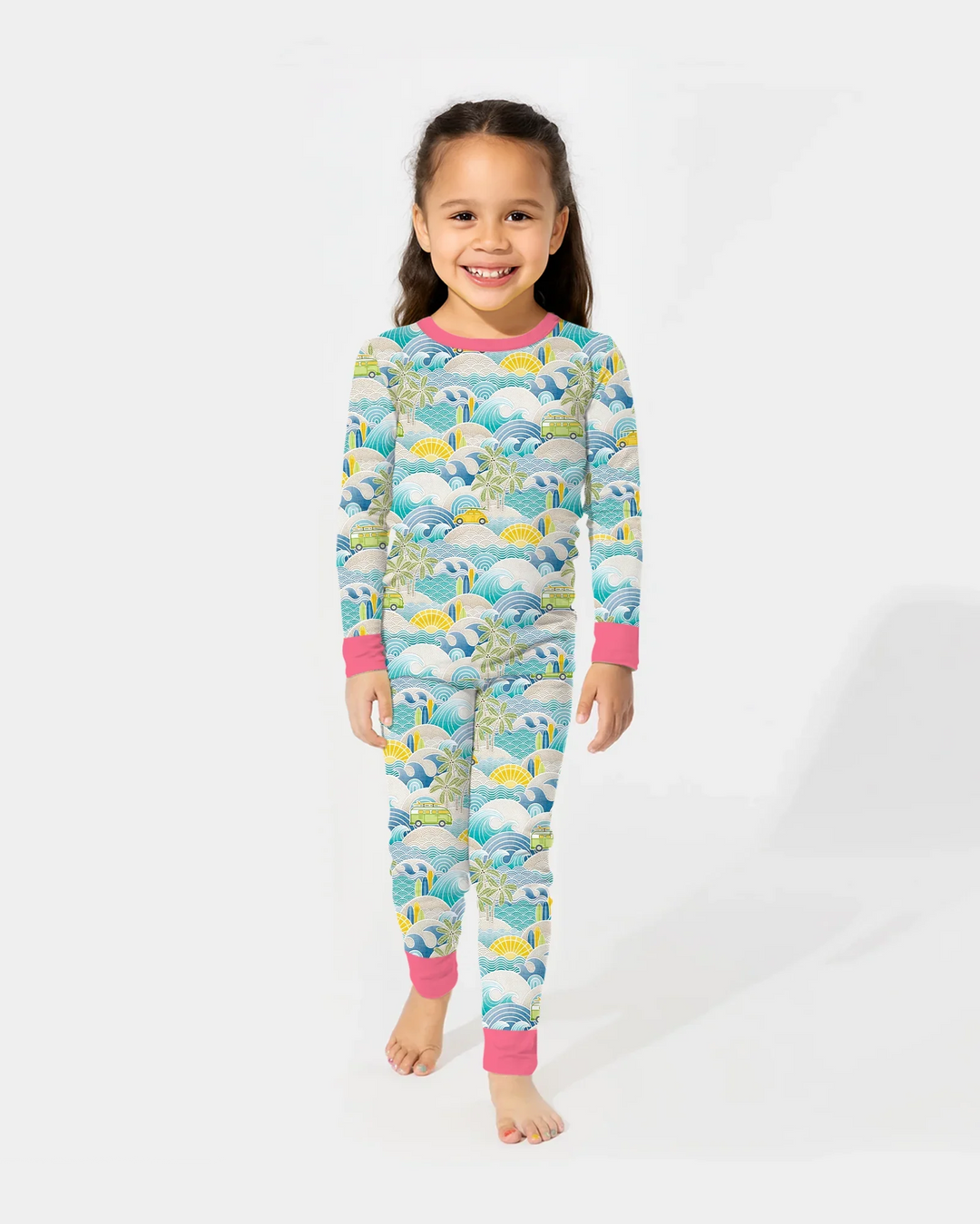 Conjunto de pijama de dos piezas de manga larga de bambú con olas y olas para viaje por la costa
